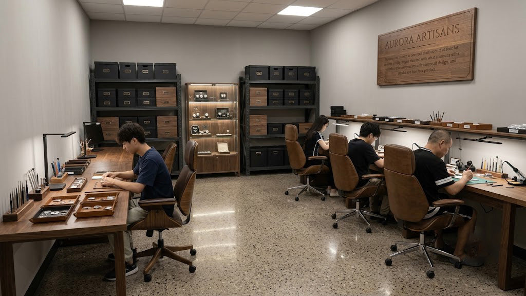 Skilled technicians hand-assembling and soldering precision audio components in the workshop.